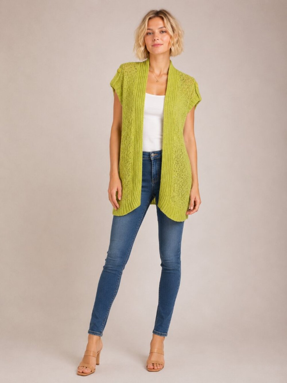 2/$30 Chico's Pointelle Knit Tab Cap Sleeve Open Cardigan Apple Green 8 #A4124